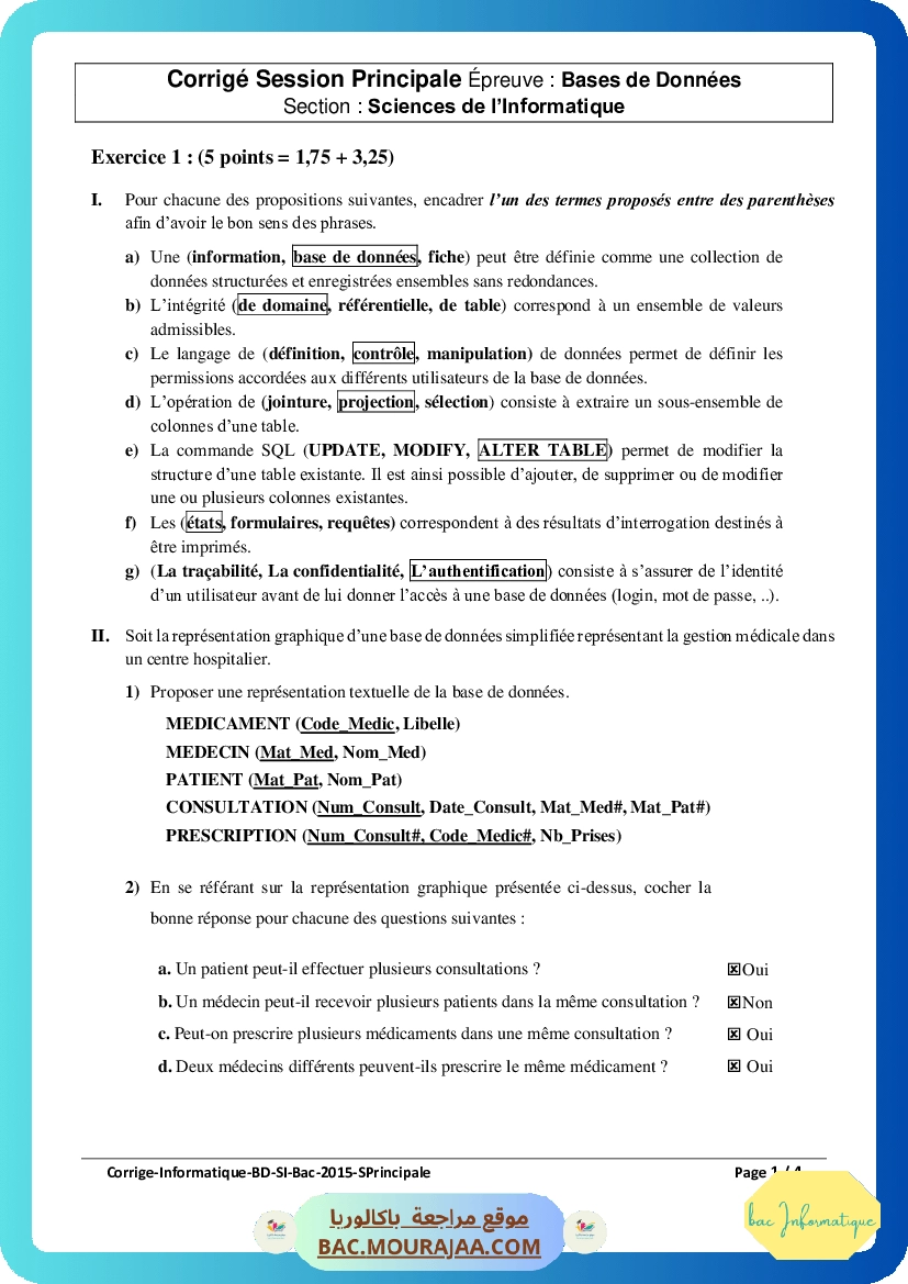 Corrigé principale bd Bac 2015 – Section info
